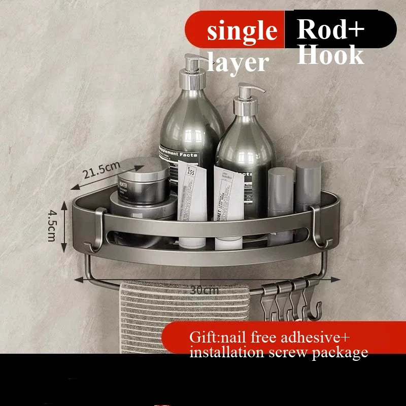 Bathroom Corner Shelf with Towel Bar & Hook – Space-Saving Organizer