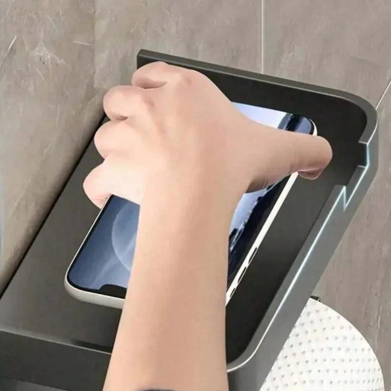 Wall-Mounted Plastic Toilet Paper Holder – Storage Rack & Towel Hook with Phone Stand