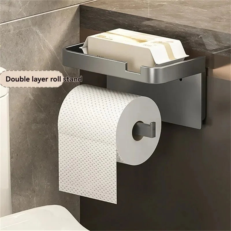 Wall-Mounted Plastic Toilet Paper Holder – Storage Rack & Towel Hook with Phone Stand
