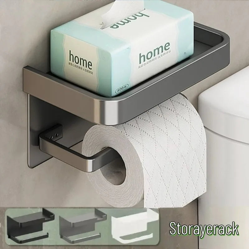 Wall-Mounted Plastic Toilet Paper Holder – Storage Rack & Towel Hook with Phone Stand