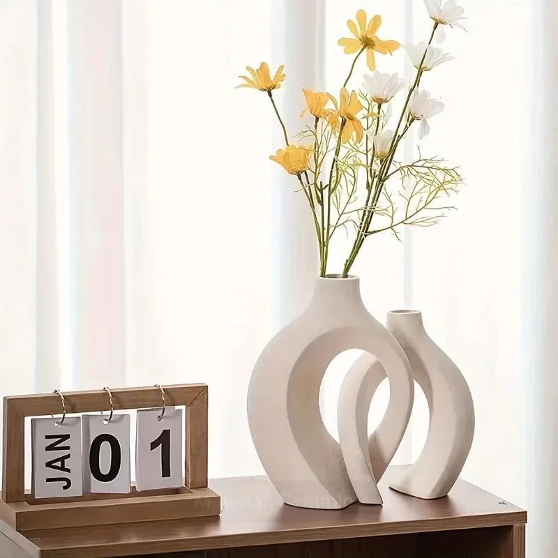 Nordic Hollow Vase Set – Modern Plastic Ceramic-Style Decor (2 Pieces)
