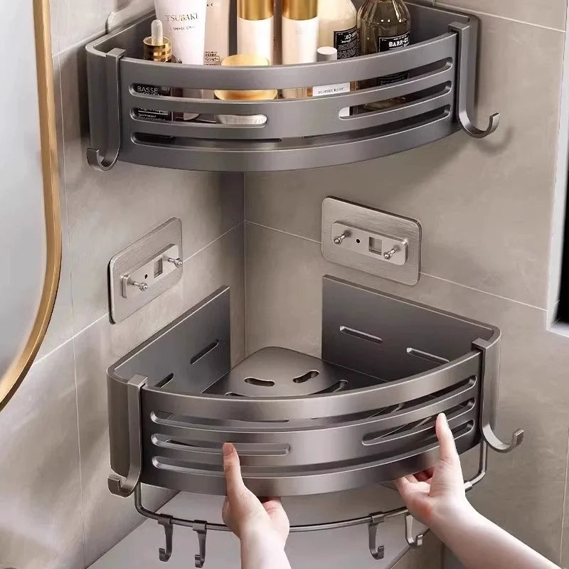 Bathroom Corner Shelf with Towel Bar & Hook – Space-Saving Organizer