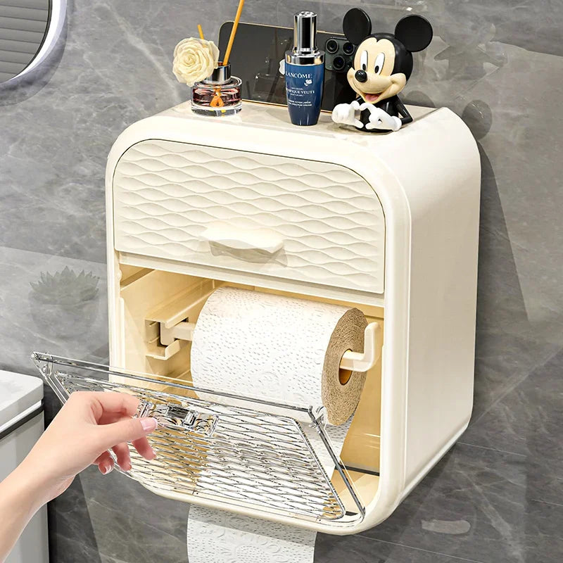 Wall-Mounted Double-Layer Toilet Paper Holder – Bathroom Storage Rack with Drawer