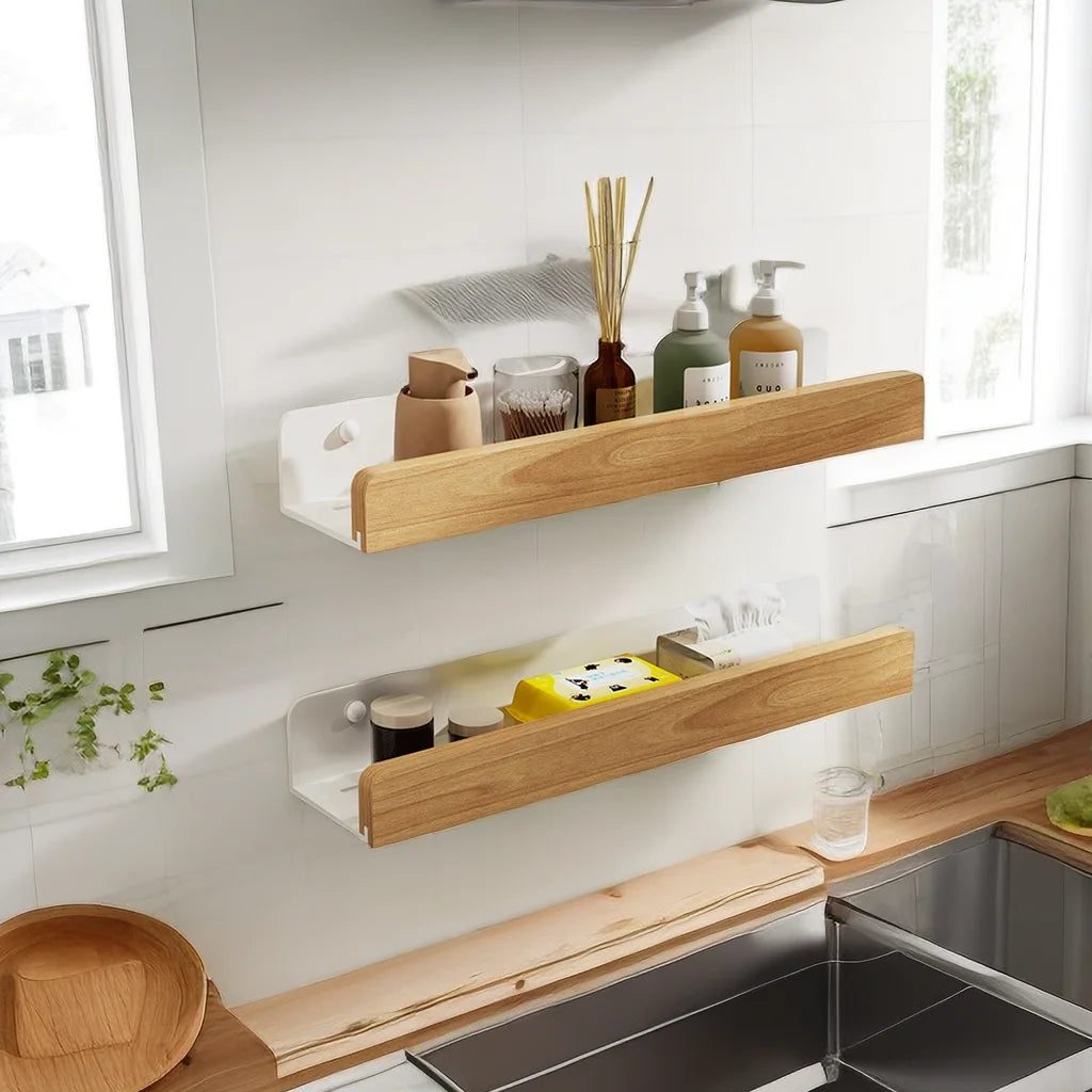 Wooden Kitchen Wall Shelf – Punch-Free Spice Rack & Corner Organizer