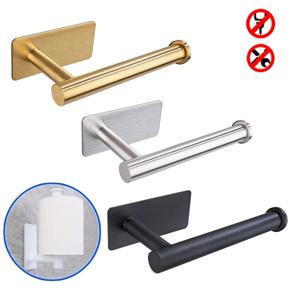 Adhesive Stainless Steel Paper Holder – Brushed Wall-Mounted Tissue & Towel Roll Stand