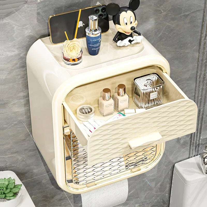 Wall-Mounted Double-Layer Toilet Paper Holder – Bathroom Storage Rack with Drawer