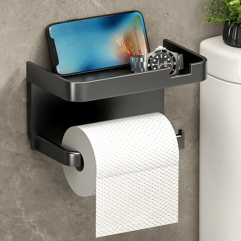 Wall-Mounted Plastic Toilet Paper Holder – Storage Rack & Towel Hook with Phone Stand