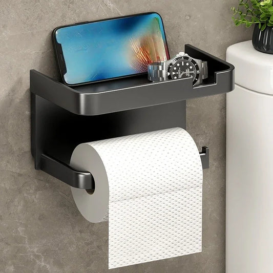 Wall-Mounted Plastic Toilet Paper Holder – Storage Rack & Towel Hook with Phone Stand