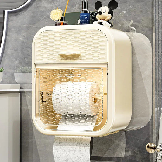 Wall-Mounted Double-Layer Toilet Paper Holder – Bathroom Storage Rack with Drawer