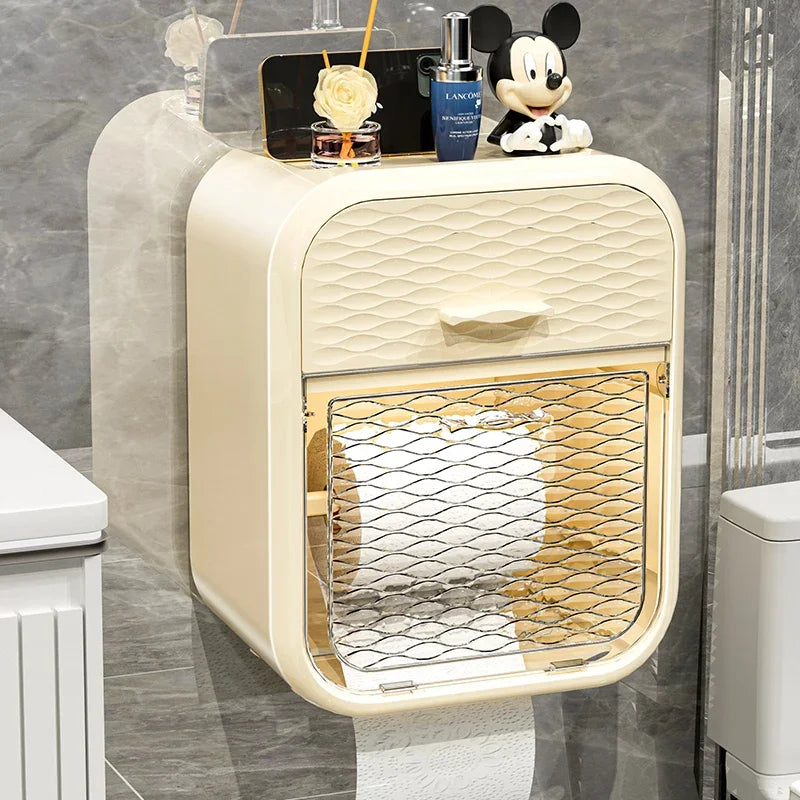Wall-Mounted Double-Layer Toilet Paper Holder – Bathroom Storage Rack with Drawer